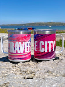 12oz Traverse City Travel Mug With Pink Pour Print