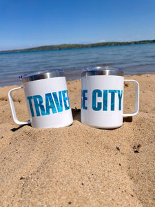12oz Traverse City Travel Mug With Water Print Lettering