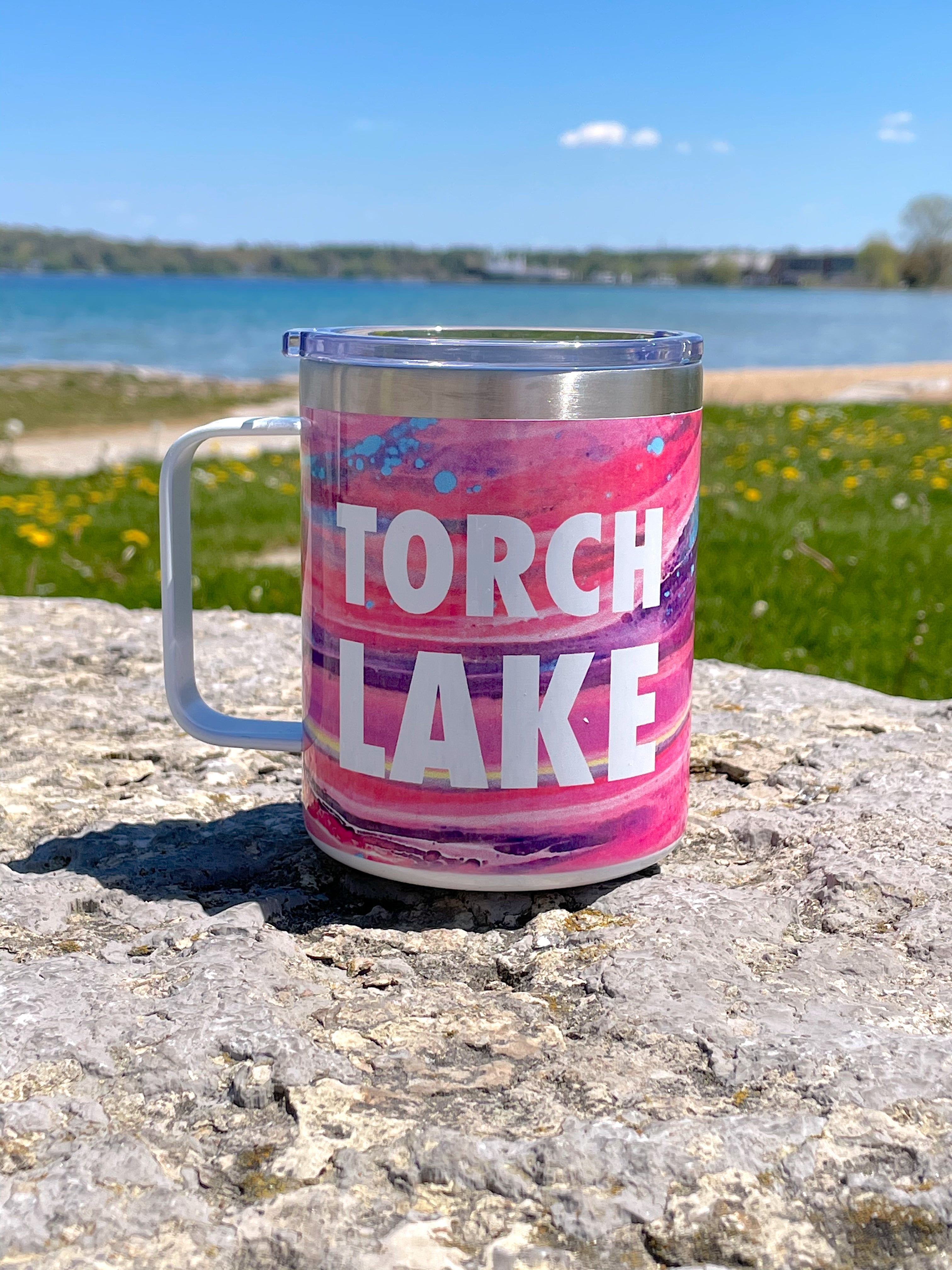 12oz Torch Lake Travel Mug With Pink Pour Print